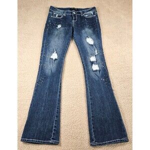 Premiere Blue Distressed Flare Jeans Womens 5/6 Studded Rhinestone Y2K Bootcut